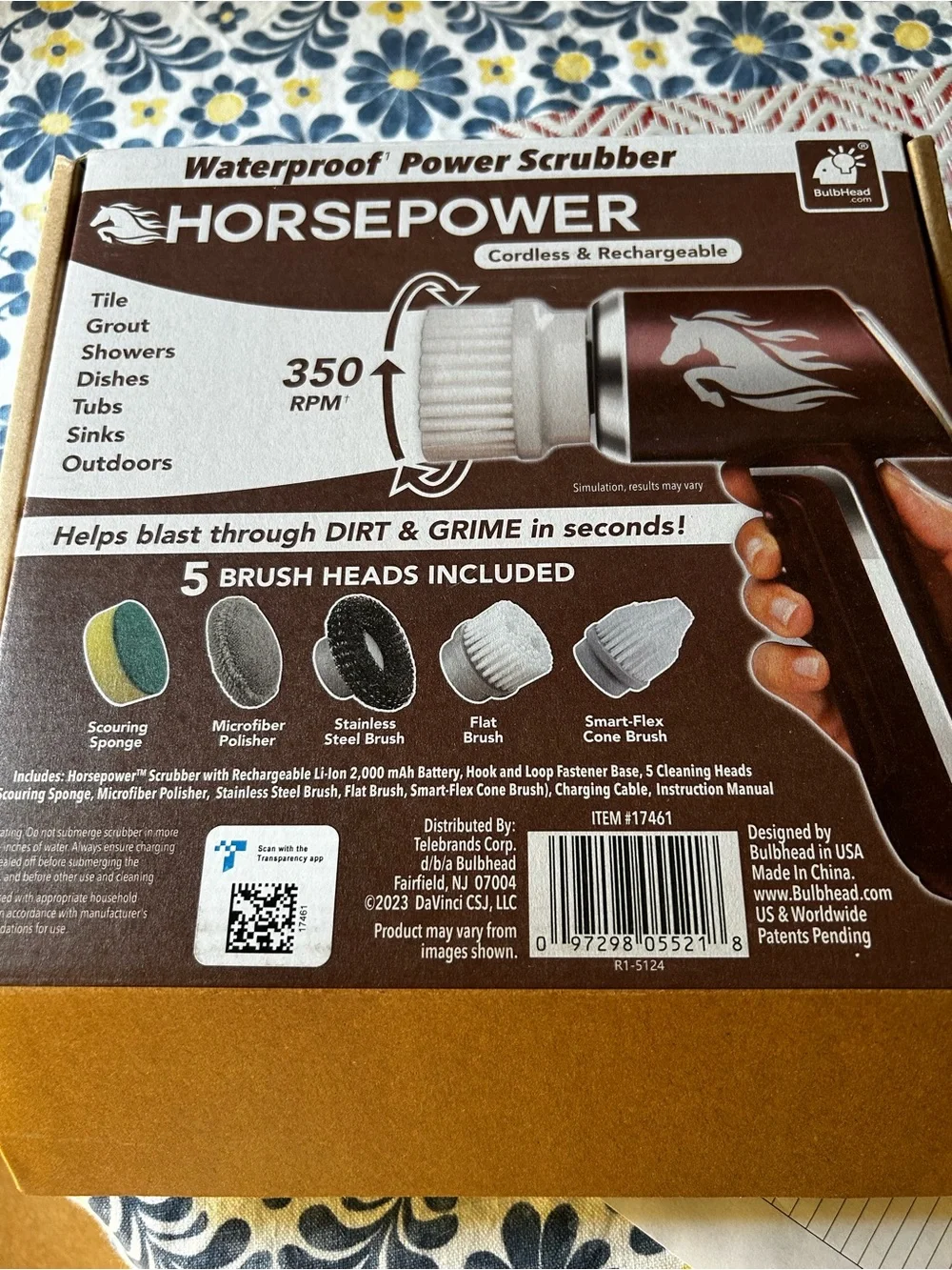 Horsepower Electric Power Scrubber, Waterproof, 350 RPM, 5 Brush Heads